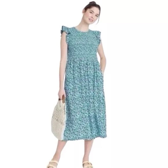 A New Day Maxi Dress Womens Size M Green Floral Smocked Pockets Boho Peasant 3X - Picture 1 of 8